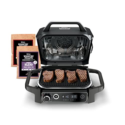 Ninja OG701 Woodfire Outdoor Grill & Smoker, 7-in-1 Master Grill, BBQ Smoker, & Air Fryer plus Bake, Roast, Dehydrate, & Broil, uses Ninja Woodfire Pellets, Weather-Resistant, Portable, Electric, Grey