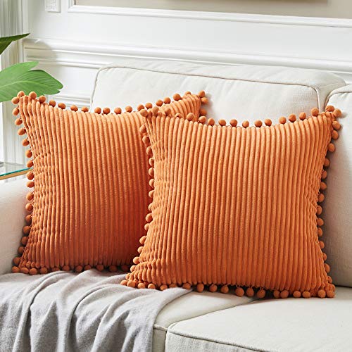 Fancy Homi Pack of 2 Corduroy Fall Decorative Throw Pillow Covers with Pom-poms, Solid Square Cushion Case Pillow Cases Set for Couch Sofa Bedroom Car Living Room (18x18 Inch/45x45 cm, Orange)