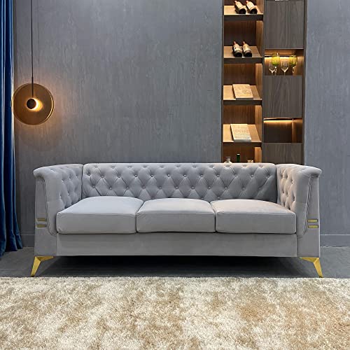 Yoglad Living Room 3 Seat Settee Luxury Velvet Contemporary Futon, Track Arms Sofa, Couch with Golden Metal Legs, Furniture for Living Room, Apartment, Reception (82 Inch, Velvet, Light Grey)