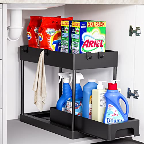 Huggiecart Under Sink Organizers and Storage, 2 Tier Bathroom Organizer with Pull out Sliding Drawers, Multi-purpose Organization and Storage with 4 Hooks for Bathroom, Cabinet Organizer (Black)