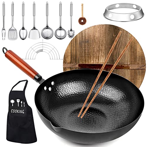 kaqinu Carbon Steel Wok Pan, 14 Piece Woks & Stir-Fry Pans Set with Wooden Lid & Cookwares, No Chemical Coated Flat Bottom Chinese Woks Pan for Induction, Electric, Gas, Halogen All Stoves - 12.6''