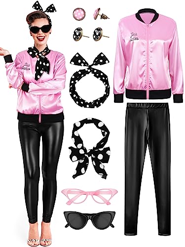 SOMSOC 1950s Pink Satin Jacket with Pant Polka Dot Scarf Headband Earrings and Cat Eye Glasses Halloween Cosplay Costume Set