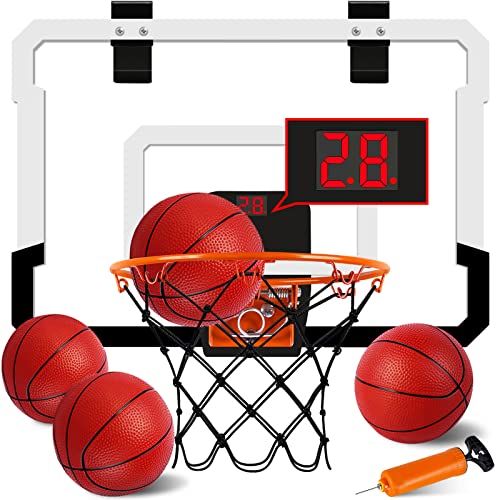 Indoor Mini Basketball Hoop with Electronic Scoreboard - Over The Door Basketball Hoop for Door & Wall Office Room Score Basketball Hoop with 4 Balls Foldable Mini Hoop for Kids, Teens, Adults