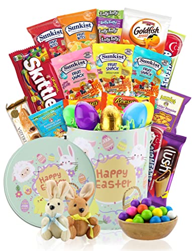 Easter Snack Gift Tin Basket - Easter Candy, Eggs, Easter Chocolates - Great Easter Care Package for Family, Friends, Kids, Coworkers (28 Count)