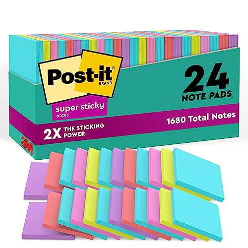 Post-it Super Sticky Notes, 24 Note Pads, 3x3 in., 2x the Sticking Power, School Supplies and Office Products, Sticky Notes for Vertical Surfaces, Monitors, Walls & Windows, Supernova Neons Collection