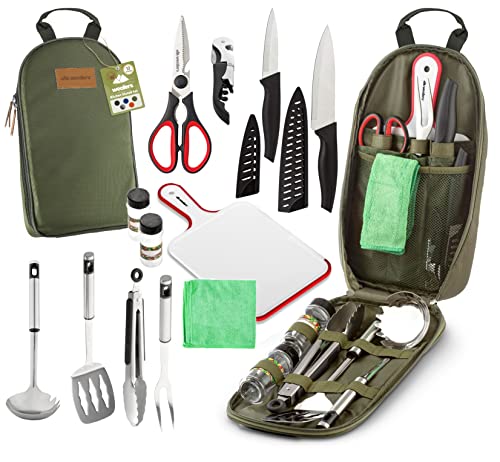12 Piece Camp Kitchen Cooking Utensil Set Travel Organizer Grill Accessories Portable Compact Gear for Backpacking BBQ Camping Hiking Travel Cookware Kit Water Resistant Case (Green)