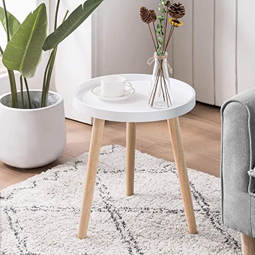 Apicizon Round Side Table, White Tray Nightstand Coffee End Table for Living Room, Bedroom, Small Spaces, Easy Assembly Bedside Table, 15 x 18 Inches
