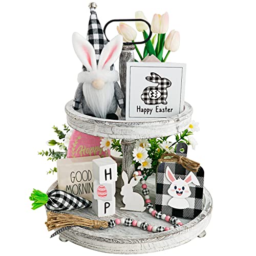 Easter Decorations, 8pcs Spring Easter Bunny Gnome Tiered Tray Decor, Buffalo Plaid Easter Gnome Plush, Black Check Carrot , 3D Easter Wood Signs, Bead Garland, Easter Farmhouse Kitchen Table Decor
