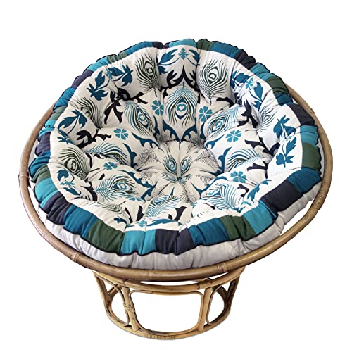 COTTON CRAFT Papasan - Polly Peacock - Blue - Overstuffed Chair Cushion, Sink into Our Thick Comfortable and Oversized Papasan, Pure Cotton Duck Fabric, Fits Standard 45 inch Round Chair