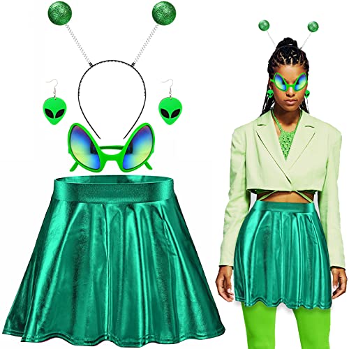 Kuscul Alien Costume for Women, Antenna Bopper Headband Metallic Shiny Skirt Glasses Dangle Earrings for Halloween Cosplay (Green, M)