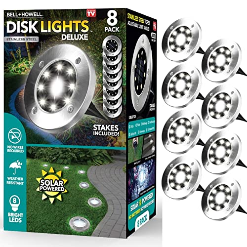 Bell+Howell Solar Disk Lights Automatic Outdoor Lighting, Super Bright LED Bulbs, Waterproof Rust-Free Stainless Steel Tops Great for Landscaping, Garden, Pathway As Seen On TV (Set of 8 Regular)