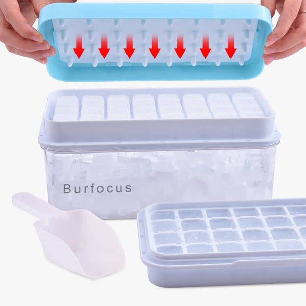 Burfocus Ice Cube Tray with Lid and Bin, Ice Trays Ice Maker for Freezer with Container Silicone Ice Cube Tray Mold Easy Release BPA Free Large Ice Cube Maker for Whiskey,Cocktail