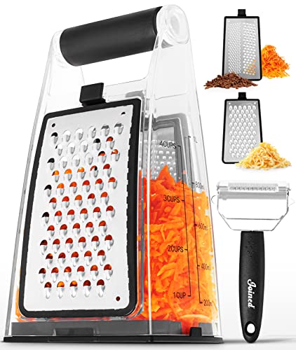 Joined Cheese Grater with Container - Box Grater Cheese Shredder Lemon Zester Grater - Cheese Grater with Handle - Graters for Kitchen Stainless Steel Food Grater - Hand Grater and Vegetable Peeler