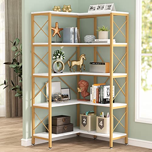 Tribesigns 5-Shelf Corner Bookshelf Gold, Large Modern Corner Bookcase, 5-Tier Tall Corner Shelf Storage Display Rack with Metal Frame for Living Room Home Office (Faux Marble White/Gold)