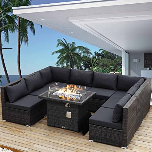 NICESOUL® Extra Large Size High-Back PE Rattan Outdoor Patio Furniture Sectional Sofa Sets with Fire Pit Table Outdoor Wicker Conversation Sets Modern Luxury Charcoal Gray Set of 9 Pieces