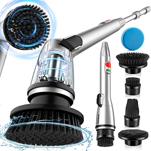 Rechargeable Cordless Electric Spin Scrubber with 5 Cleaning Brush Heads, Adjustable Shower Powerful Scrubber with Long Handle Extension Arm for Bathroom, Tub, Tile, Car, Floor
