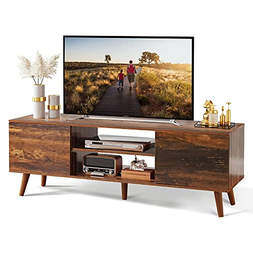 WLIVE Mid-Century Modern TV Stand for 55 inch TV, Media Console, Entertainment Center with Storage, Retro Brown