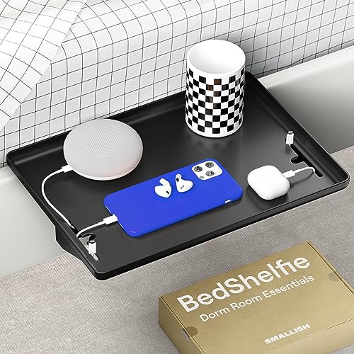 BedShelfie Bedside Shelf for Bed & Top Bunk- College Dorm Room Essentials, Loft Bed Accessories, Clip On Nightstand Snack Organizer, Floating Bed Side Table Tray Shelfie Caddy - Cable Catch, Black