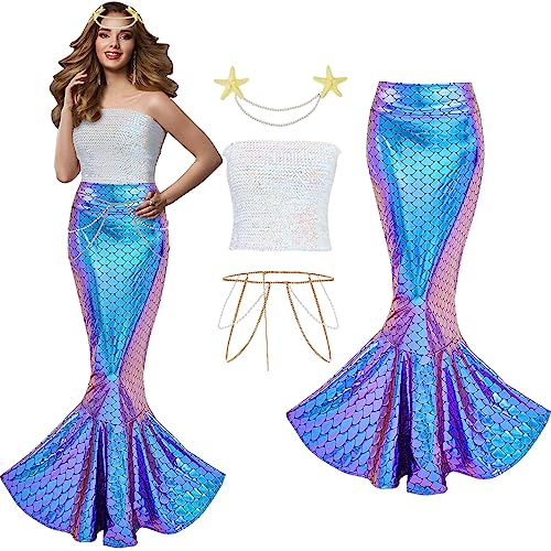 Newcotte 4 Pcs Mermaid Costume for Women Sequin Tube Top Skirt Pearl Waist and Head Chain for Halloween Cosplay (White, Blue and Purple, Large)