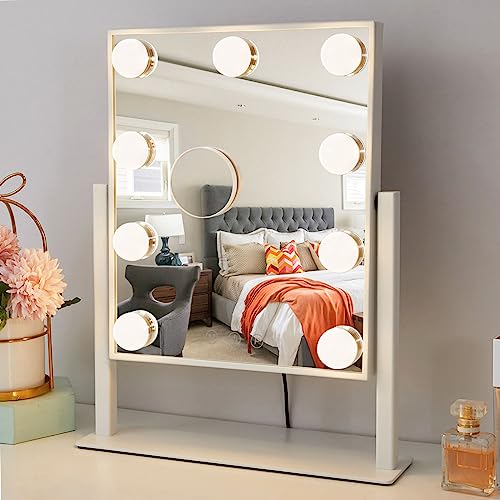 MiroFan Vanity Mirror with Lights Hollywood Mirror Lighted Makeup Mirror with Dimmable&3 Color Modes Lights, 9 LED Bulbles with Detachable 10X Magnification Mirror Lighted Makeup Mirror