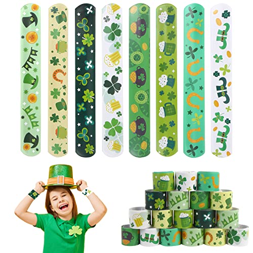 KIMOBER 48PCS St. Patrick's Day Slap Bracelets,Green Snap Wristbands with Sharmrock Cauldron for Kids Party Favors