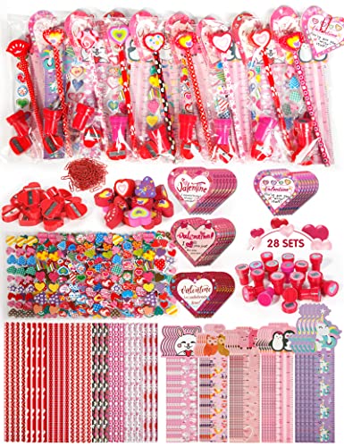 Valentine Gifts for Kids School, 28 Packs Stationery Set from Teachers to Students, Valentines Kids Gift Set Cards with Stickers, Pencils, Erasers, Valentine's Day Classroom Exchange Party Favor Toy