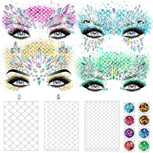 Halloween Mermaid Costume for Women Make up Kit 4 Pcs Mermaid Face Gems with 8 Bottles Holographic Glitter 3 Pcs Mermaid Scales Stencil Rhinestone Face Stickers for Carnival Party (Glitter Style)