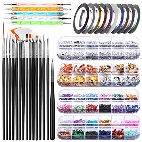 Nail Art Brush, Teenitor 3D Nail Art Decorations Kit with Nail Pen Designer Dotting Tools Colors Holographic Butterfly Nail Glitter Foil Flakes Nail Tape Strips and Multi-Color Nails Rhinestones
